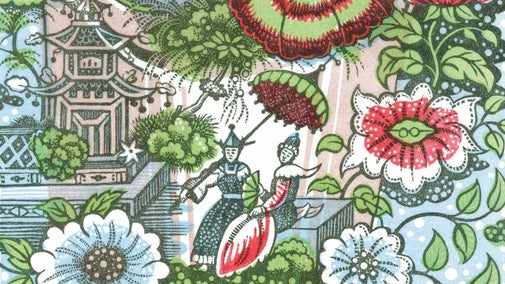 Detail from 'Pelagonium' wood engraving by Angie Lewin showing pagoda-style building, two characters and plants